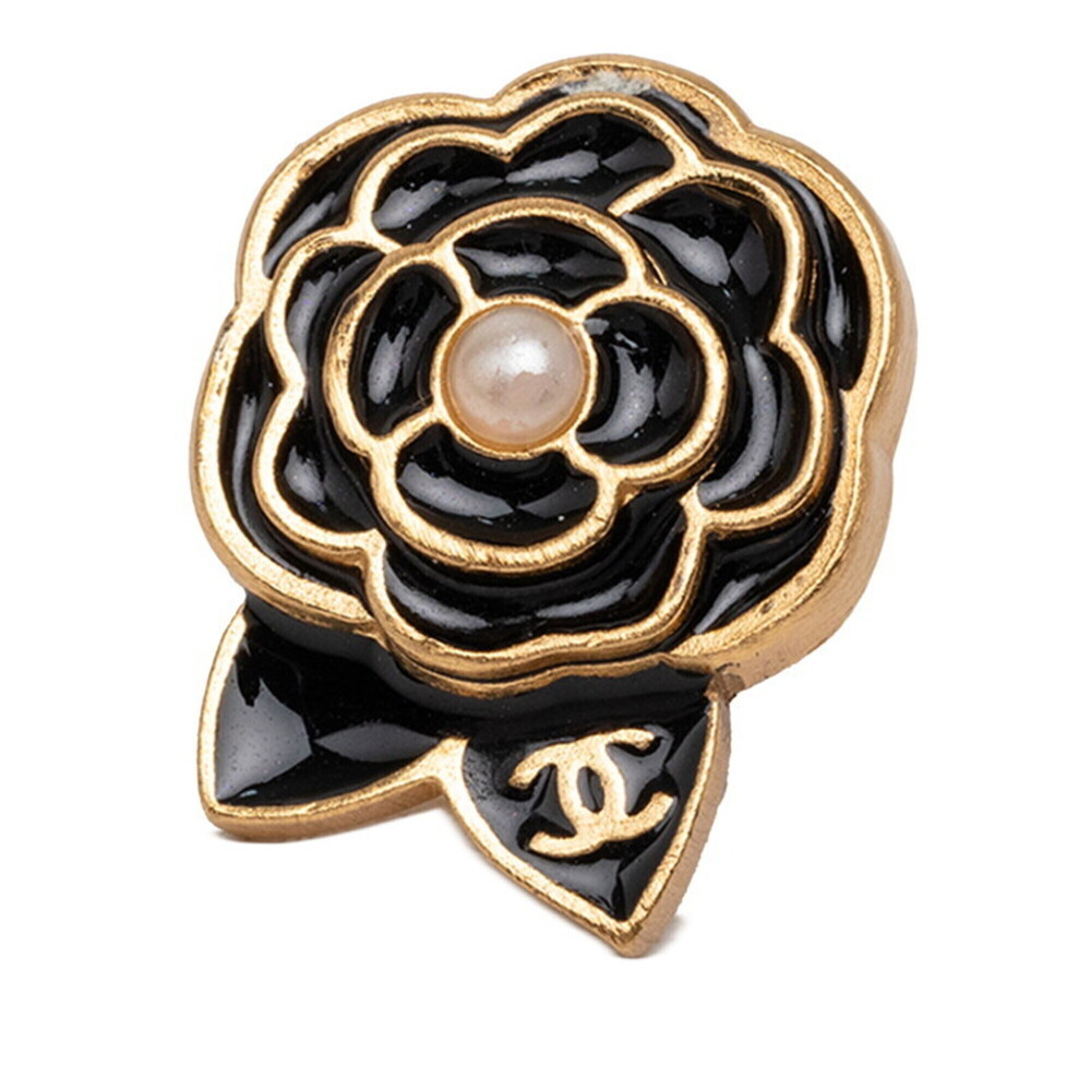 CHANEL Black and Gold Camellia Brooch with Pearl Center - Brooch Pin